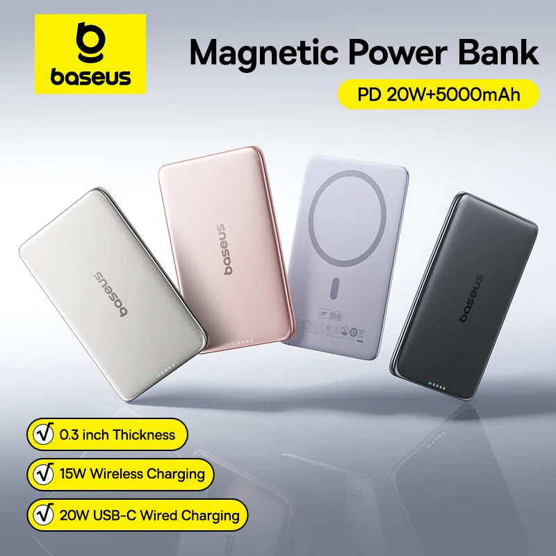 Baseus 5000mAh Magnetic Power Bank 15W Wireless 20W Wired Charging Thin Card-Sized Slim Portable Powerbank for iPhone